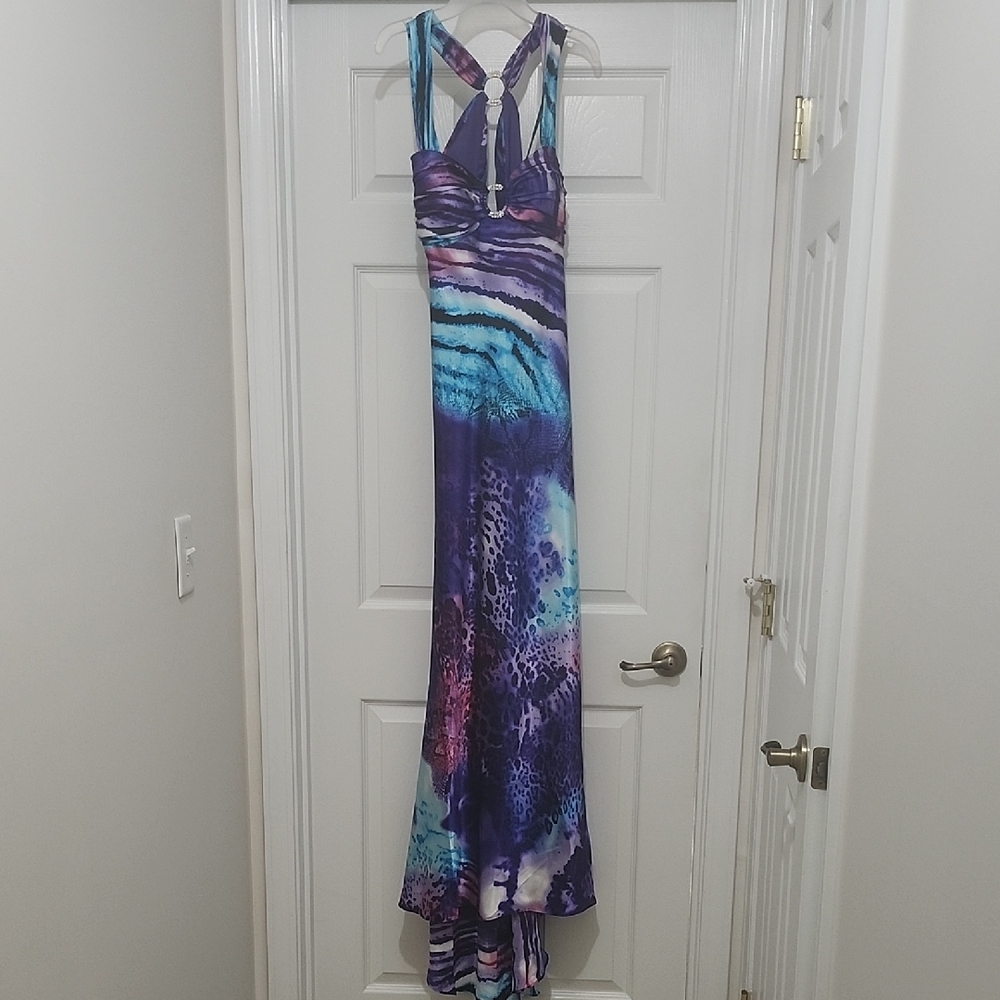 Betsy & Adam Vibrant Purple and Blue Backless Dress
